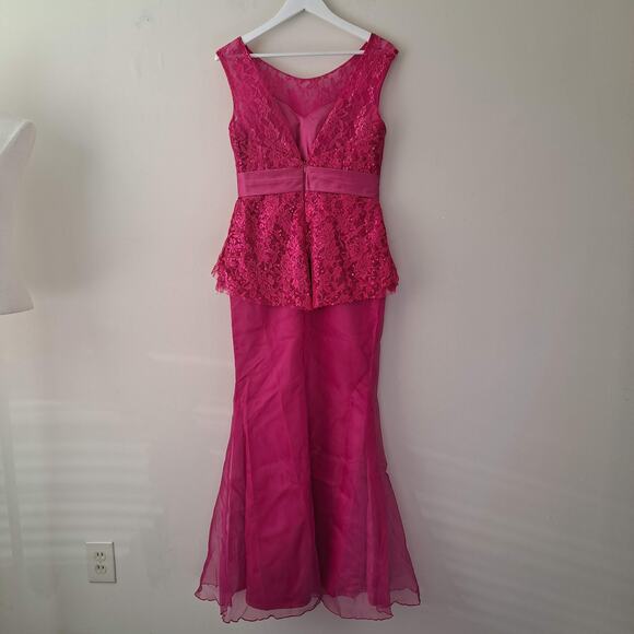 Pink Satin & Chiffon Bodycon Fishtail Bridal Guest Maxi Dress with Sequence - Picture 6 of 15